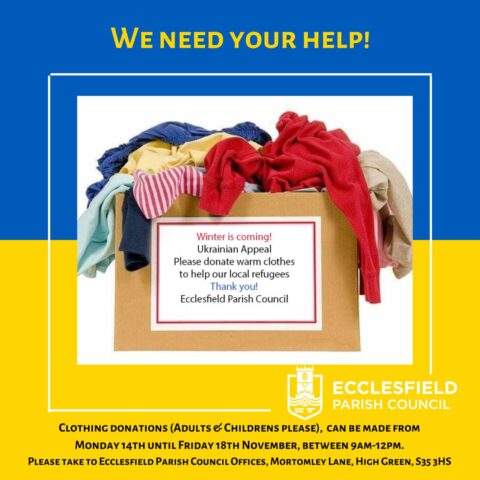 Post asking for donations of clothing to be made to Ecclesfield Parish council offices 