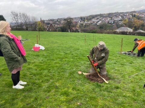 Ranger from Sheffield City Council demonstrating how to plant a tree 