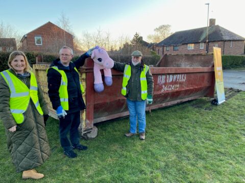 Community skip day photo with Clerk Cllr Mick Gethin and Natalie