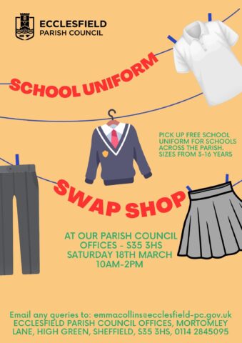 School Uniform swap shop poster advertising event March 18th 10am until 2pm 