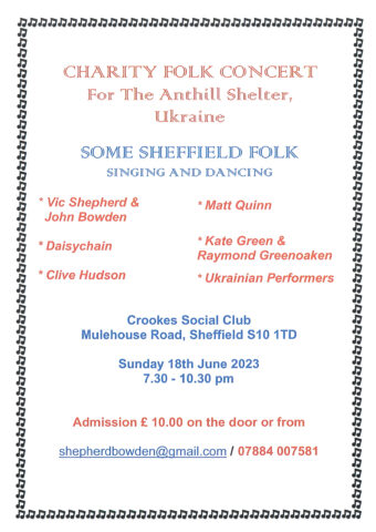 poster sharing details of a charity folk concert on Sunday 18th June at 7;30pm 