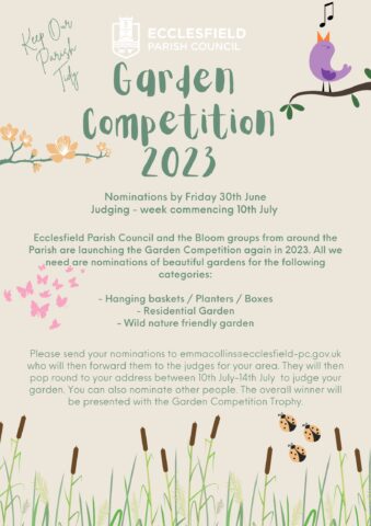 Poster advertising the garden competition for 2023 nominations to be sent to emmacollins@ecclesfield-pc.gov.uk