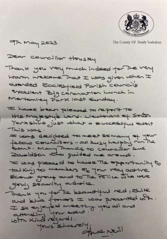 Thank you letter regarding The King's Coronation from Lady Neill