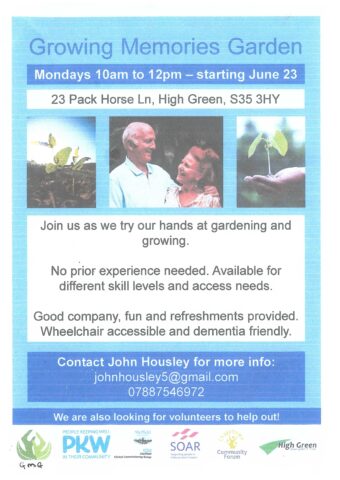 Poster detailing Growing Memories Garden scheme starting June 2023 contact John Housley for details 