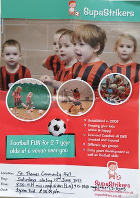 Childrens football poster advertising football sessions for ages 2 to 7 years 