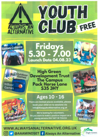 Poster detailing new youth club for ages 10 to 16 taking place on Fridays between 5:30pm and 7pm 