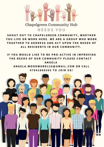 Chapelgreen Community Hub poster asking for volunteers 