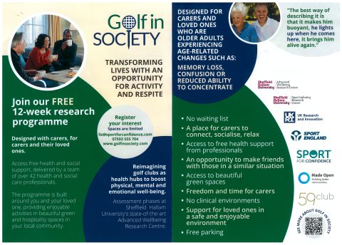 Golf in society poster asking for carers and their loved ones to come along to 12 week research programme 