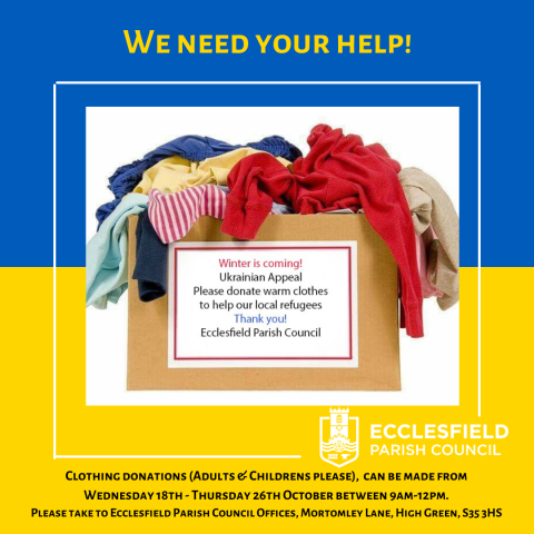 Winter clothes appeal for Ukrainian refugees within our parish. Clothing can be brough to our offices from Wednesday 18th to Thursday 26th October between 9am and 12pm. 