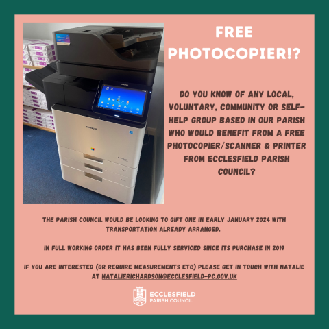 Ecclesfield Parish Council offering a free photocopier/printer & scanner contact on 0114 2845095 for further information