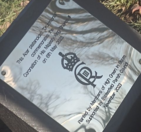 Plaque displaying High Green In Blooms recent commemorative tree planting 