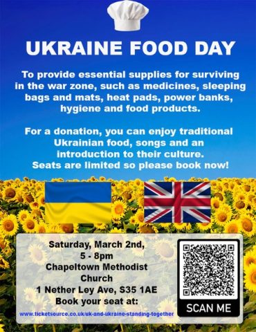 Ukraine food day event being held at Chapeltown methodist church on saturday 2nd march 