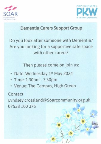 Dementia Carers Support Group running at the Campus High Green development trust sessions led by SOAR 