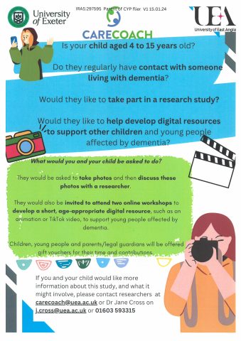 Carecoach running a research study for young people ages between 4 to 15 years old who have contact with someone living with dementia