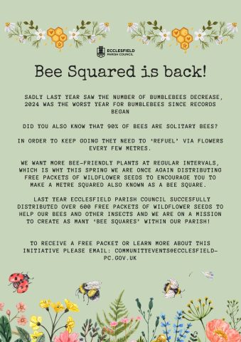 Sadly last year saw the number of bumblebees decrease, 2024 was the worst year for bumblebees since records began

 DID YOU ALSO KNOW that 90% of bees are solitary bees? 
in order to keep going they need to ‘refuel’ via flowers every few metres.

We WANT more bee-friendly plants at regular inteRvals, which is why THIS SPRING WE are once again DISTRIBUTING FREE PACKETS OF WILDFLOWER SEEDS TO ENCOURAGE YOU TO MAKE A METRE SquareD also known as a bee square. 

 LAST YEAR ECCLESFIELD PARISH COUNCIL SUCCESFULLY DISTRIBUTED OVER 600 FREE PACKETS OF WILDFLOWER SEEDS TO HELP OUR Bees and other insectS and WE ARE ON A MISSION TO CREATE as many ‘bee squares’ within our parish! 

please take a packet and get planting! 
We would kindly ask if you could send a photo of your flowers to communityevents@ECCLESFIELD-PC.gov.UK