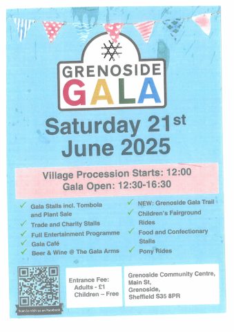 Grenoside Gala being held on Saturday 21 June 2025.  Grenoside Community Centre, Main Street, Grenoside, S35 8PR.  Village Procession starts at 12noon.  Gala opens at 12.30pm.