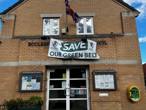 Photo of the ecclesfield parish council offices with banner reading save our green belt 